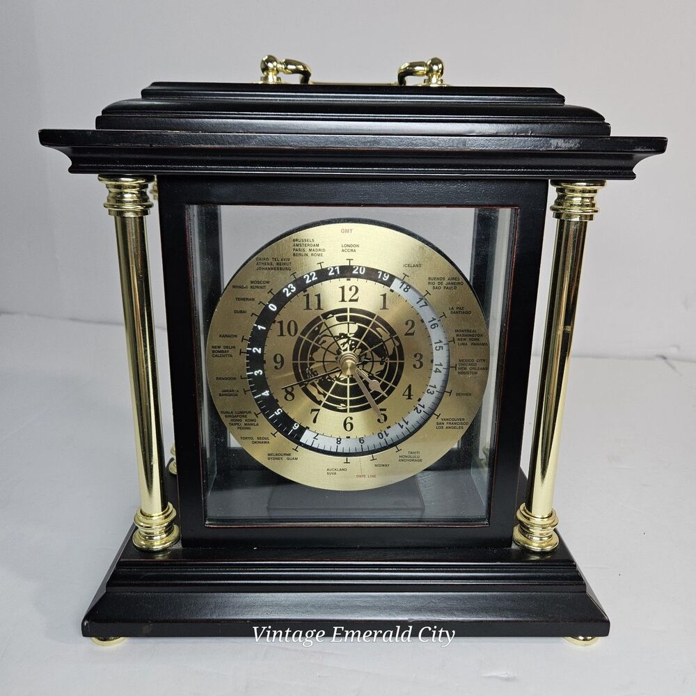 Bombay Analog Desk Clock Black Gold Arabic Numerals Wood Glass Battery Operated